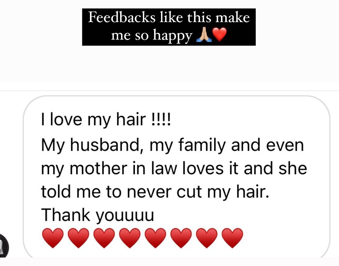 Client message: I love my hair, my husband, family and mother in law love it